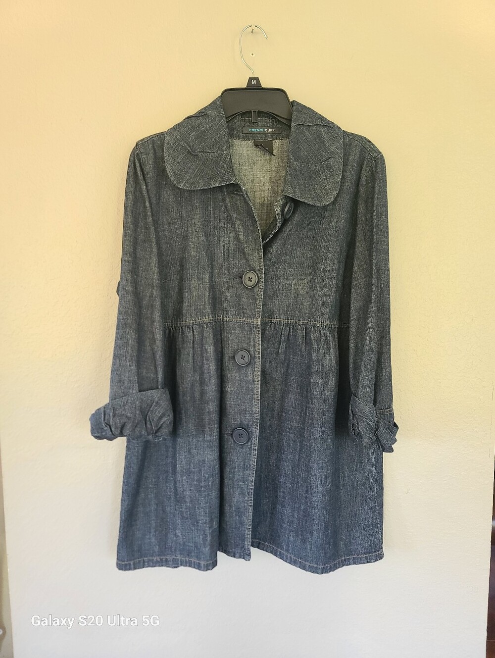 Women French Cuff Vintage Dark Blue Denim Empire Waist Lightweight Jacket/Coat L